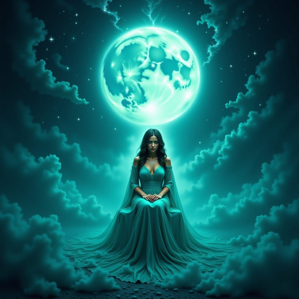 Goddess of Night on Star Throne in Turquoise Hues