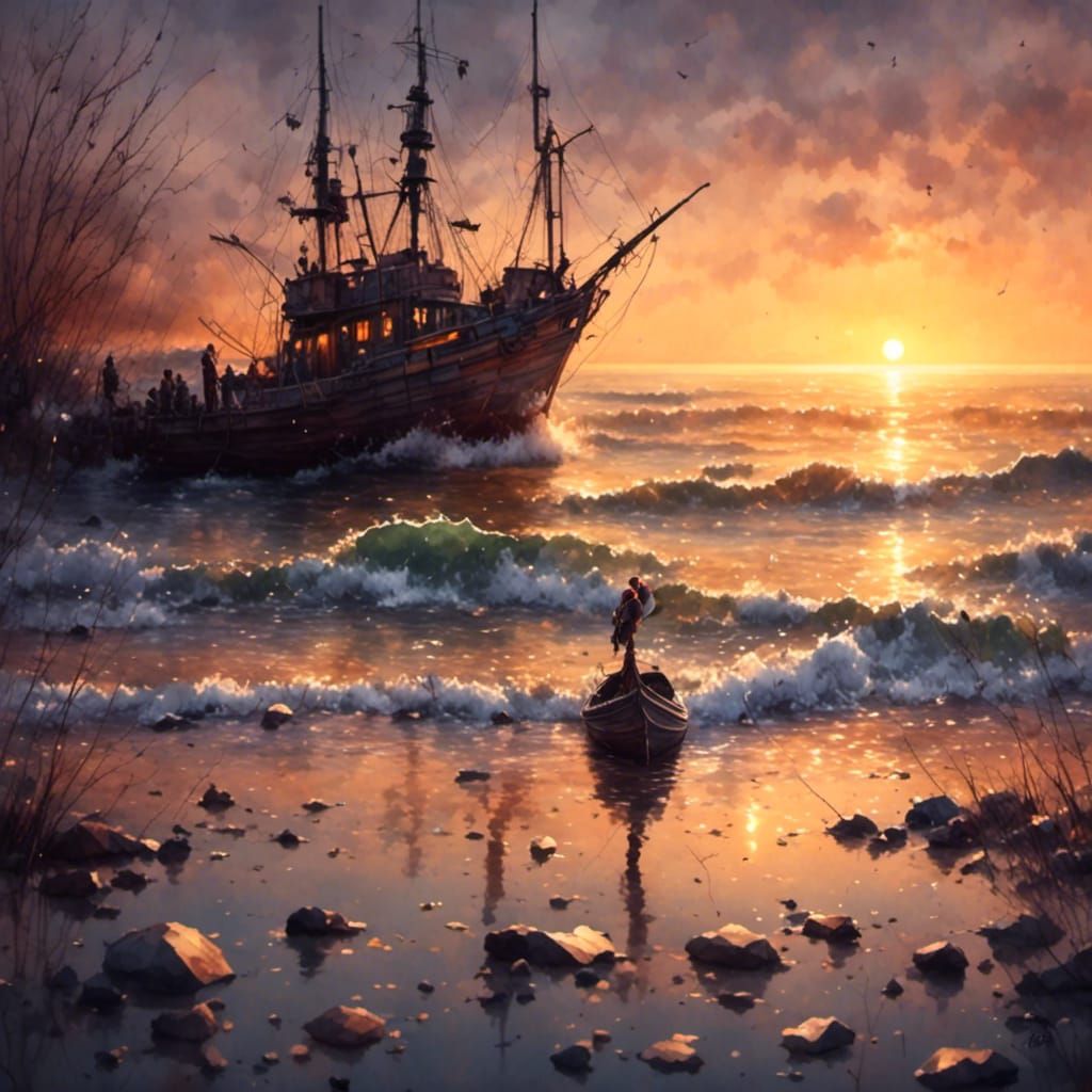 Hyperrealistic Sunset in Antique Watercolor Style