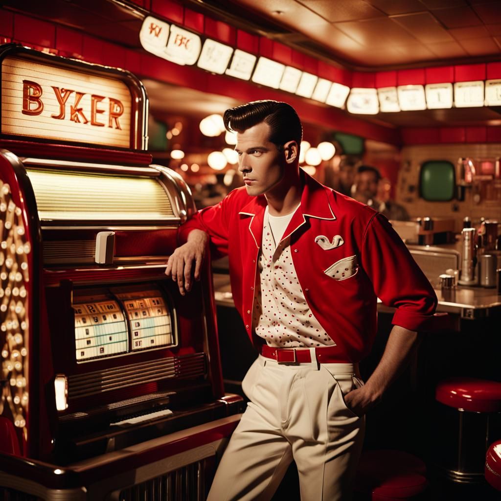 Rockabilly Guy in Diner: A Cinematic Film Still