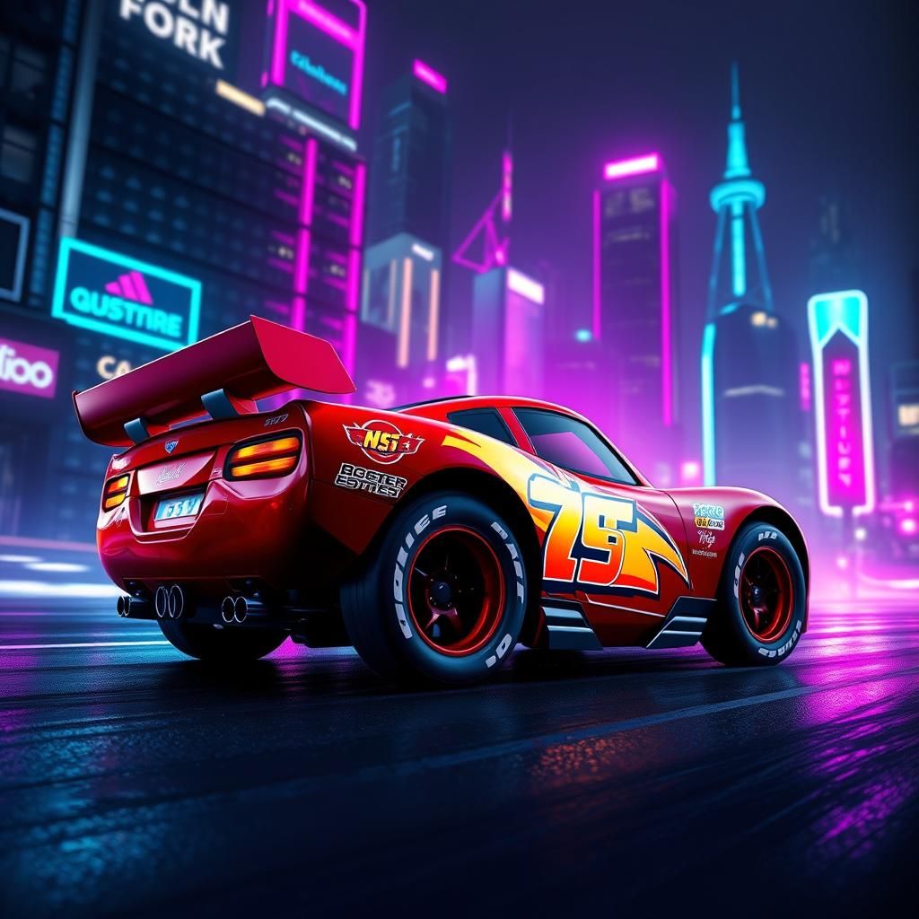 Cybernetic Lightning McQueen in Neon Cityscape