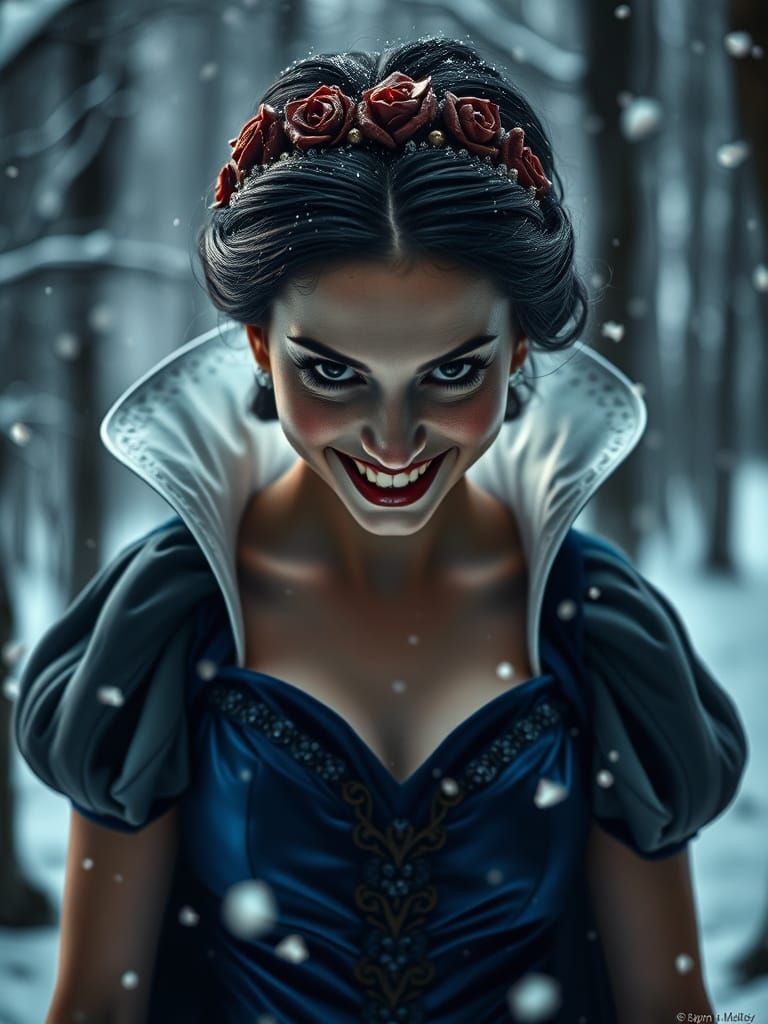 Snow White's Evil Smile in Winter Forest, Hyperrealistic