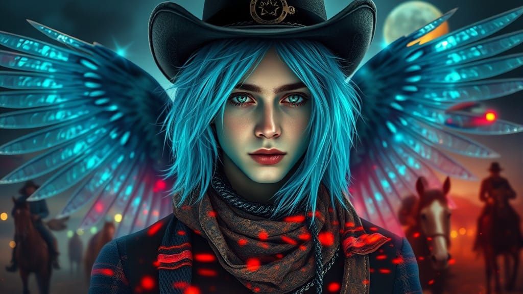 Surreal Steampunk Cowboy with Iridescent Wings