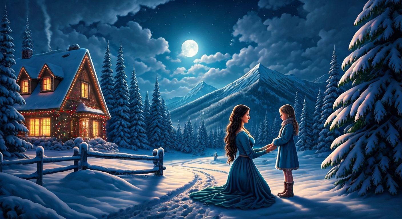 Enchanting Winter Night Scene with Moonlit Landscape and Fam...