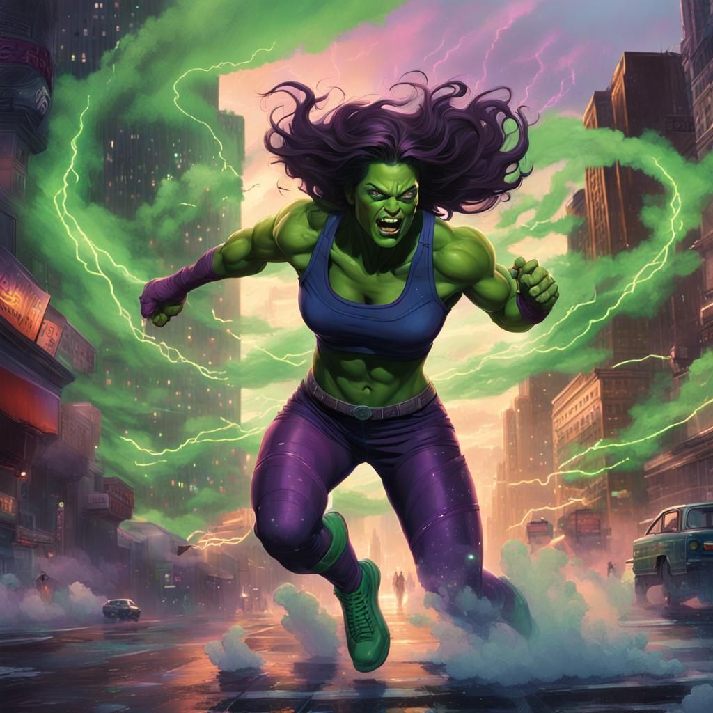 She-Hulk Smashing Through City, Digital Art