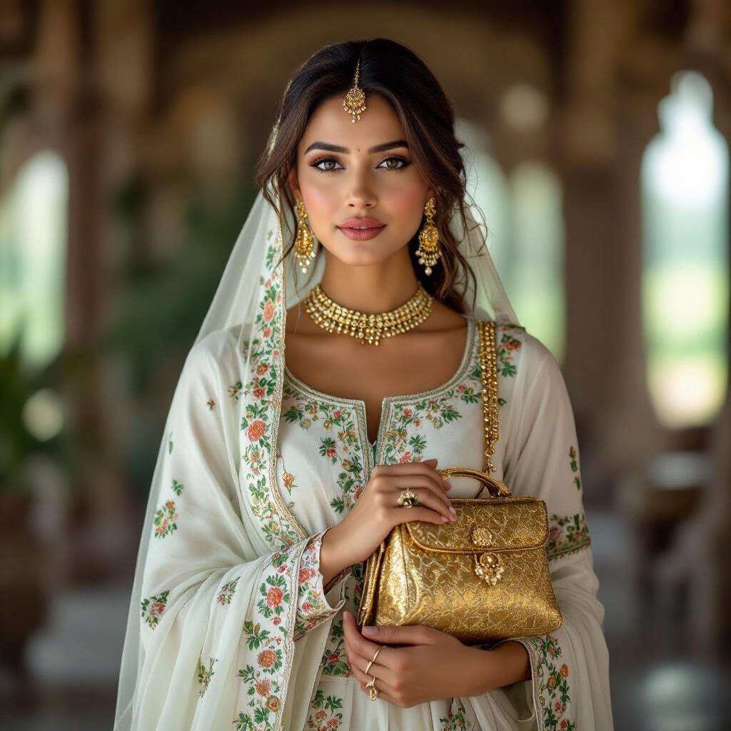 Woman in Salwar Kameez with Golden Bag