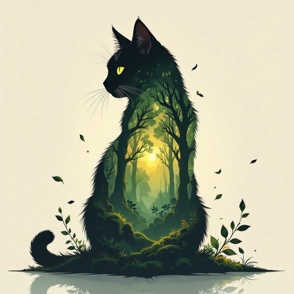 Double Exposure Cat Forest Digital Painting