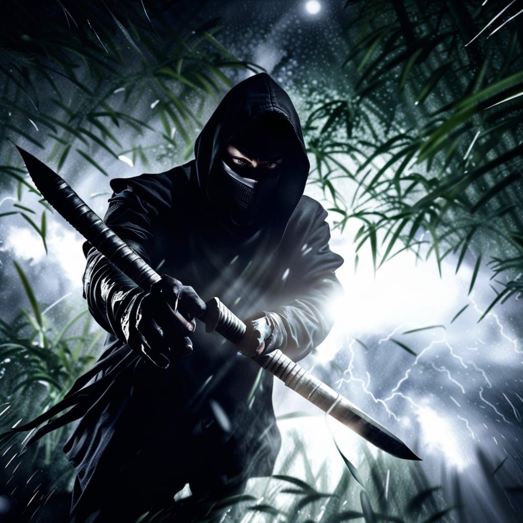 Evil Ninja with Lightning Sword in Stormy Bamboo Forest