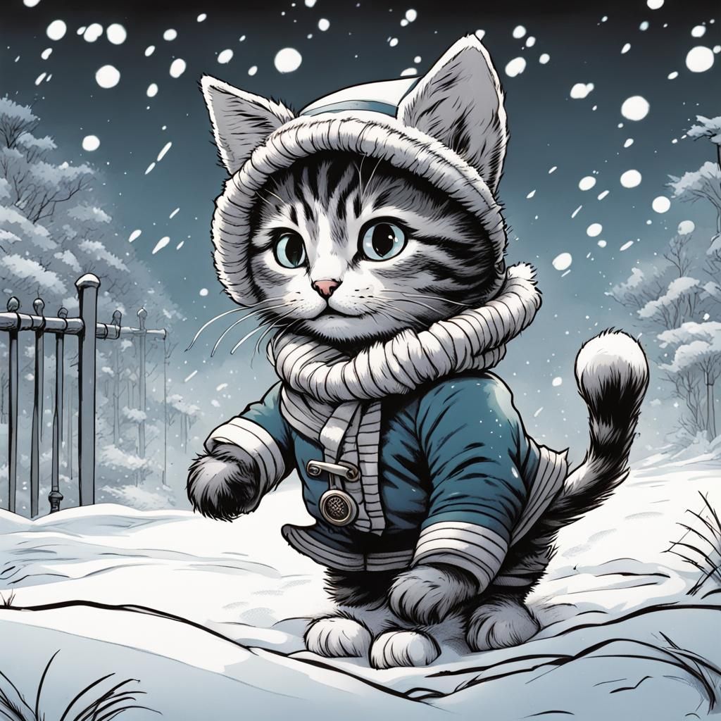 Kitten in Sailor Suit Playing in Snow, Monochrome Drawing