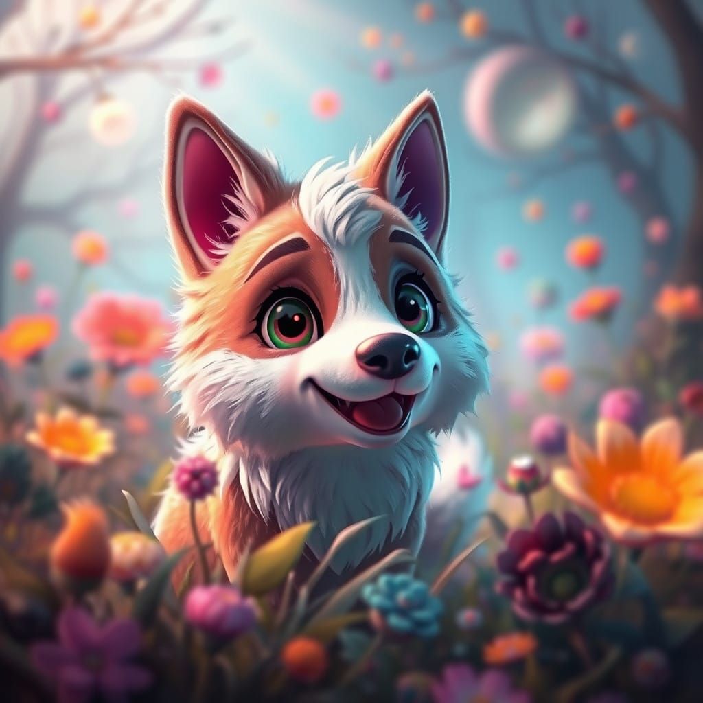 Whimsical Canine Creature in Vibrant Fantasy Environment
