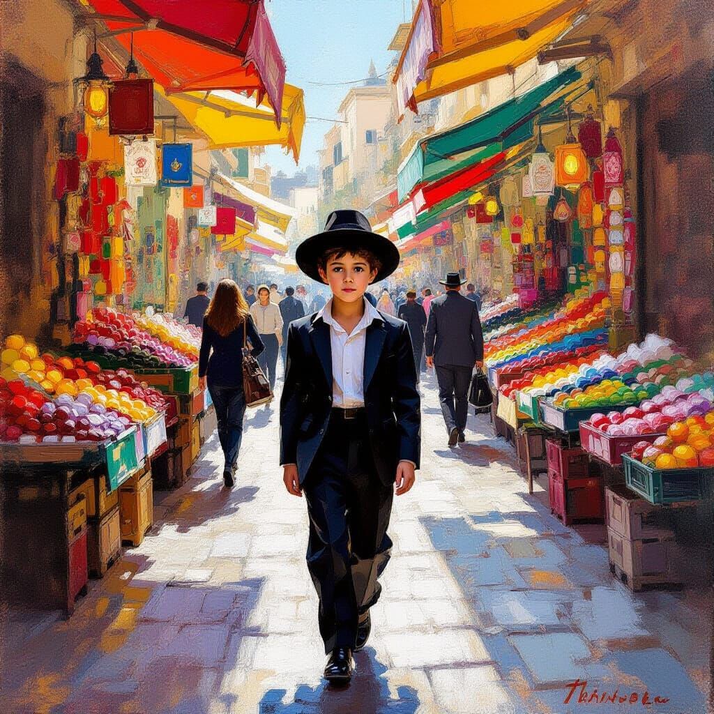 Haredi Boy at Market: Expressive Realism Style