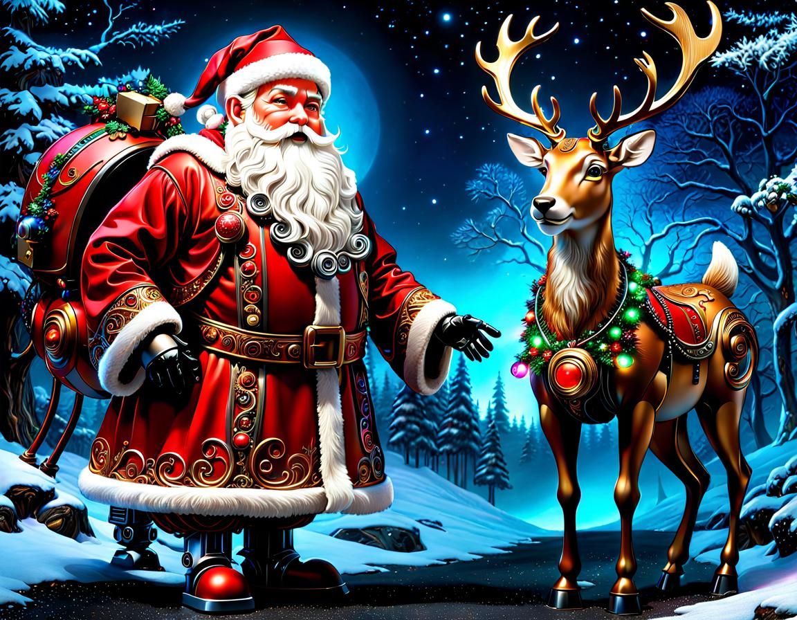 Futuristic Santa Claus Robot with Reindeer