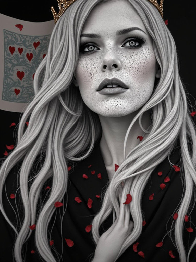 Queen in Crimson Gown on Throne, Surreal Art