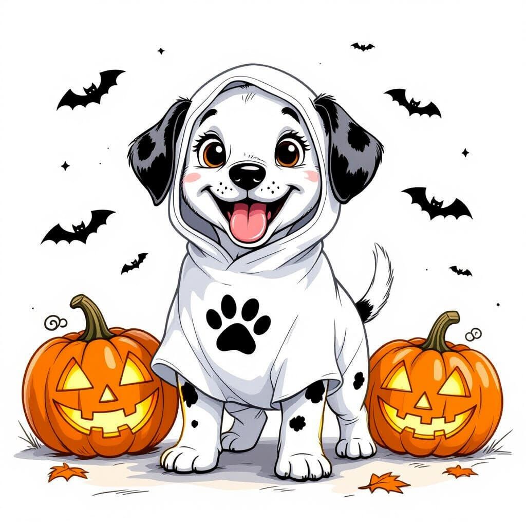 Dalmatian Puppy Ghost Costume in Hand-Drawn Illustration