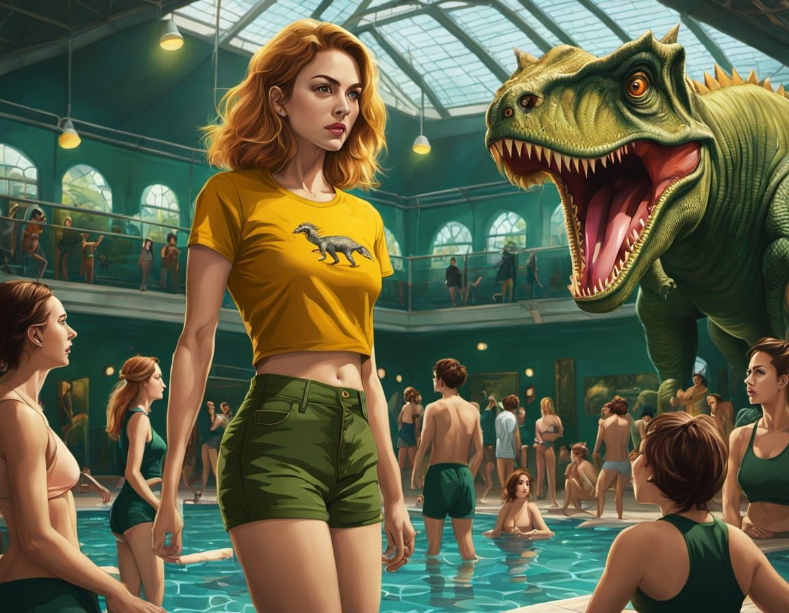 Woman at Public Pool with Dinosaur T-Shirt