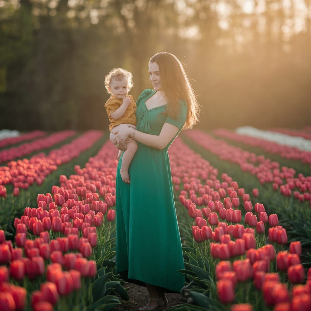 Woman and Child in Tulip Field, Sunlight Photography