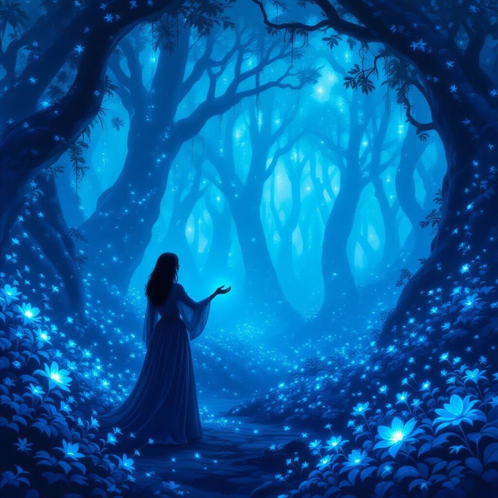 Woman in Bioluminescent Forest, Ethereal Light
