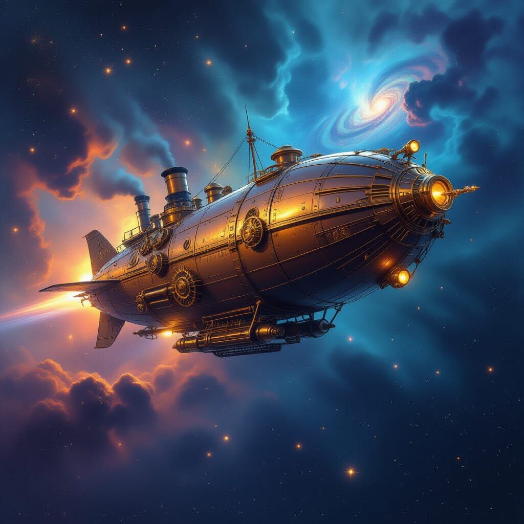 Steampunk Airship in Cosmic Nebula Digital Matte Painting