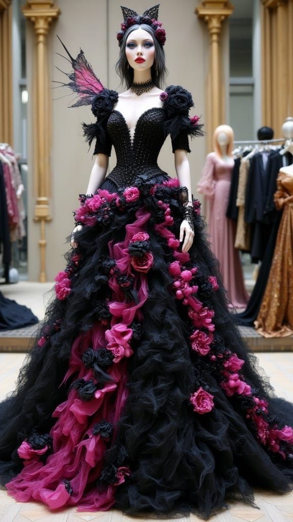 Gothic Ballroom Dress with Pink and Black Scheme