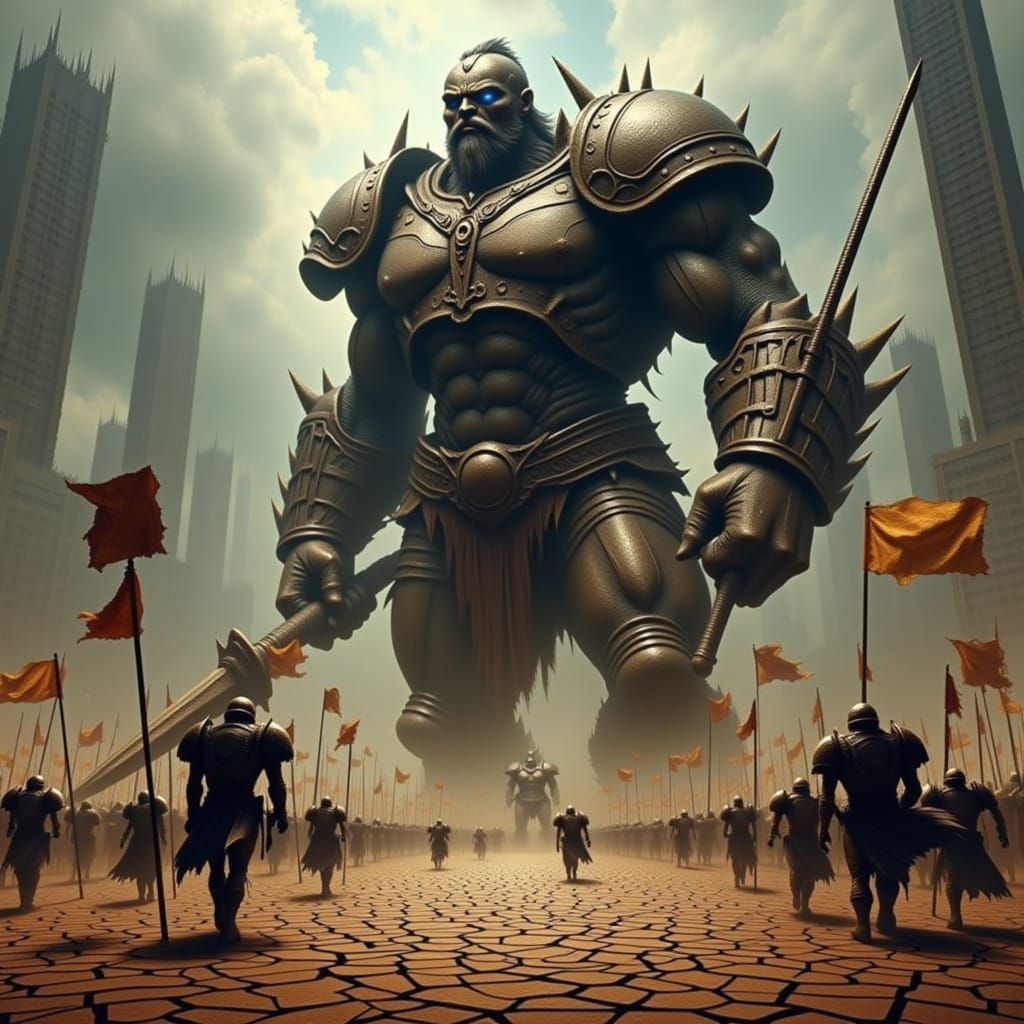 Giants Charging in Epic Battle Scene