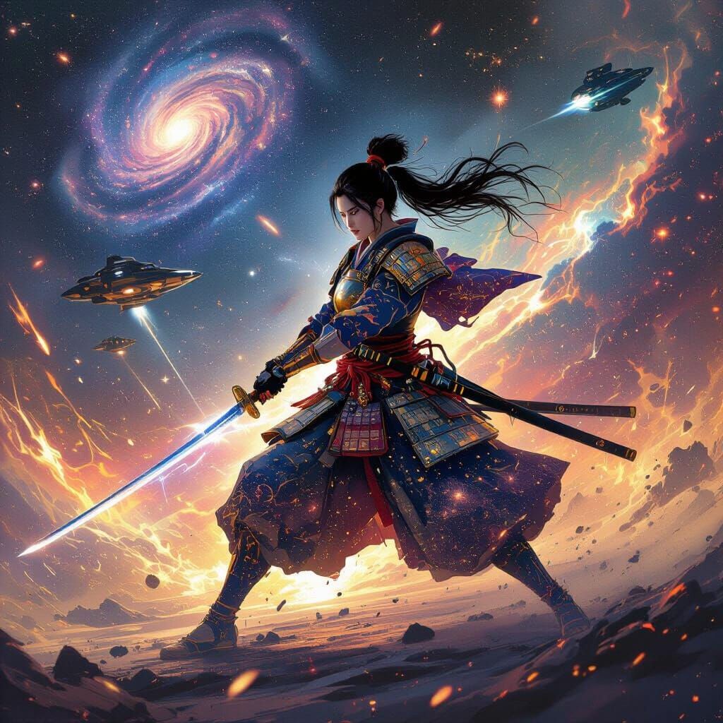 Cosmic Samurai Warrior Battles Aliens in Starlight Armor