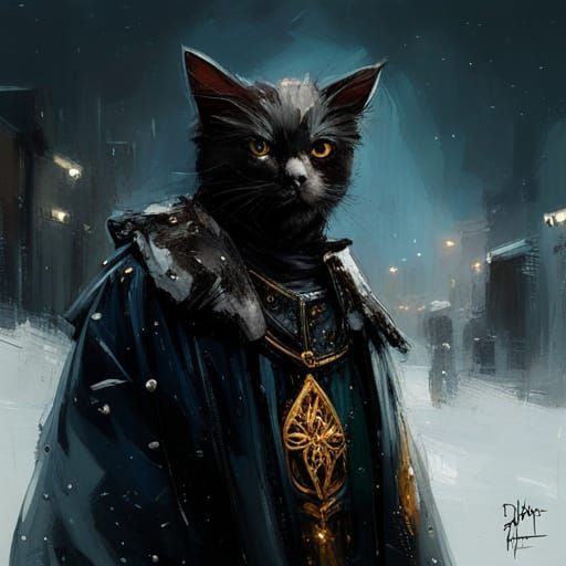 Cat Wizard in Snow: Detailed Oil Painting