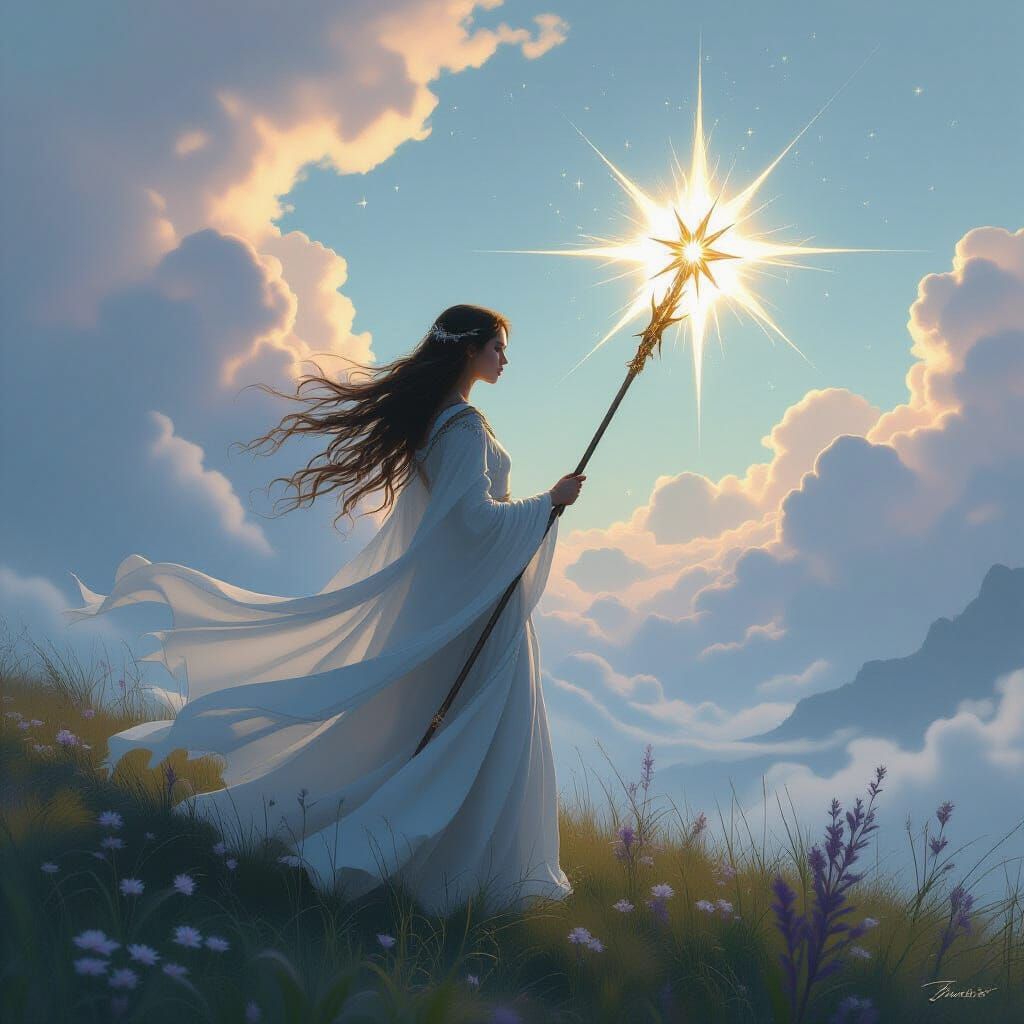 Mystical Being Wielding Celestial Weapon in Ethereal Landsca...