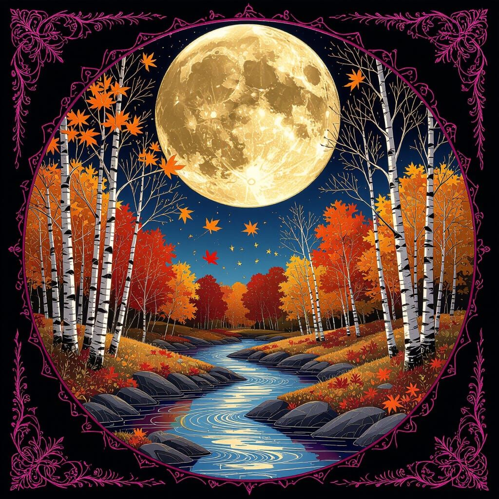 Whimsical Autumn River Scene in Gold Glass Style