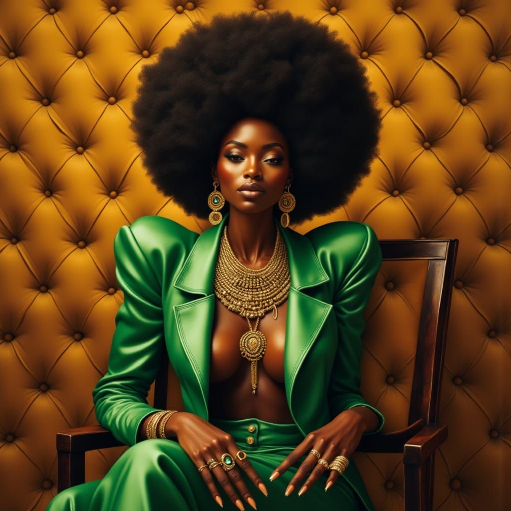 Glamorous Black Woman in Golden Velvet with Emerald Green Bl...