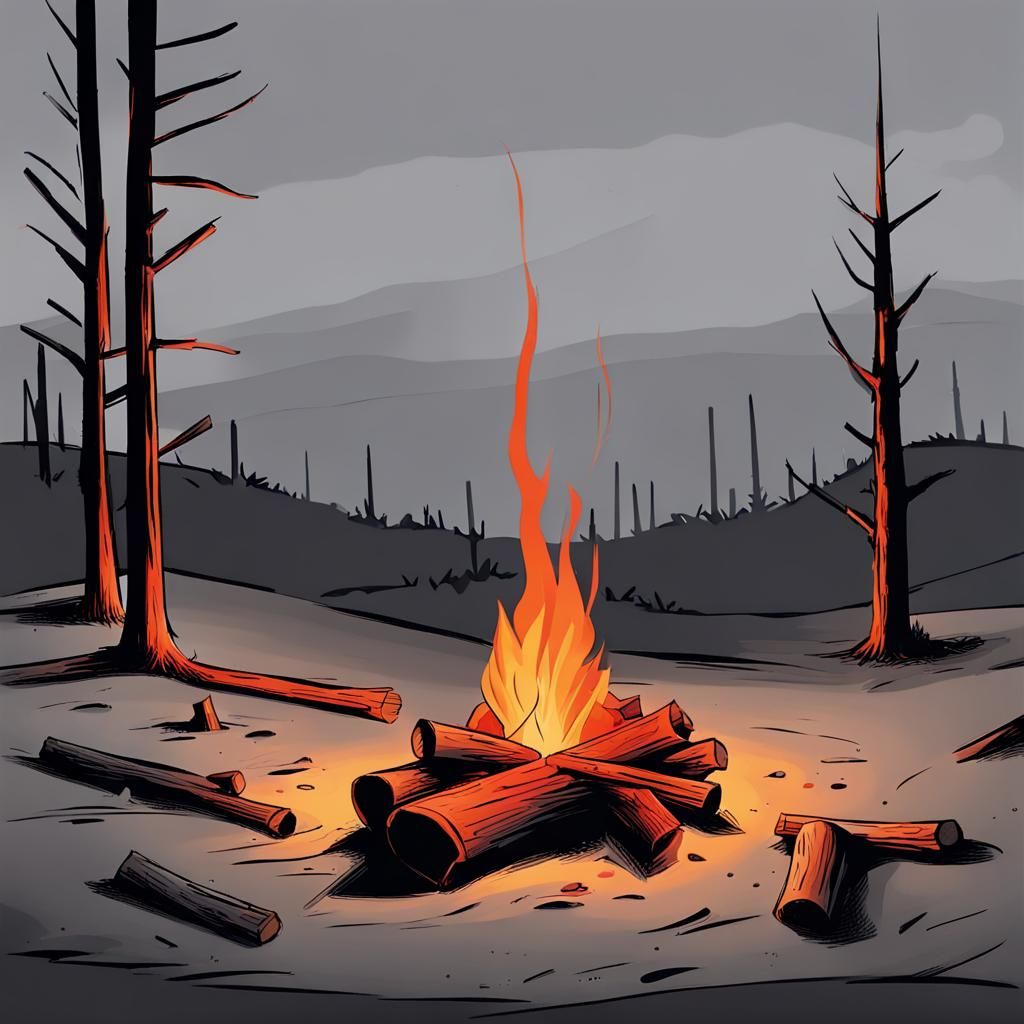 Bright Campfire Sketch in Abandoned Landscape