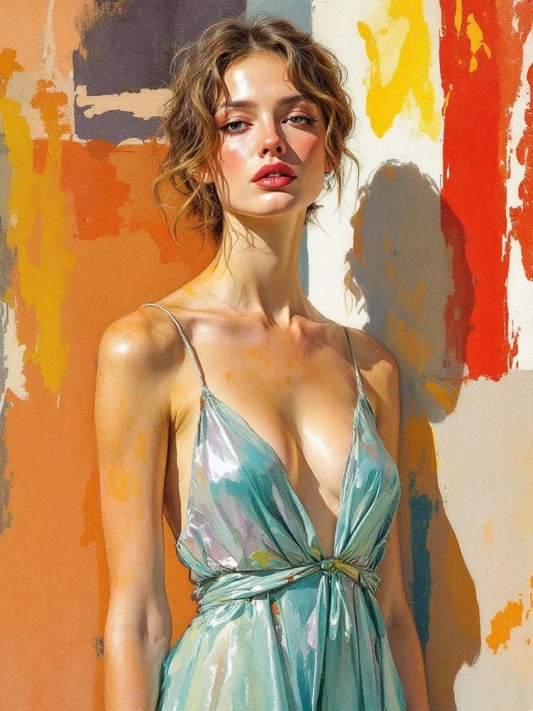 2030s Pin-Up Woman in Teal Dress, Luminous Watercolor Style