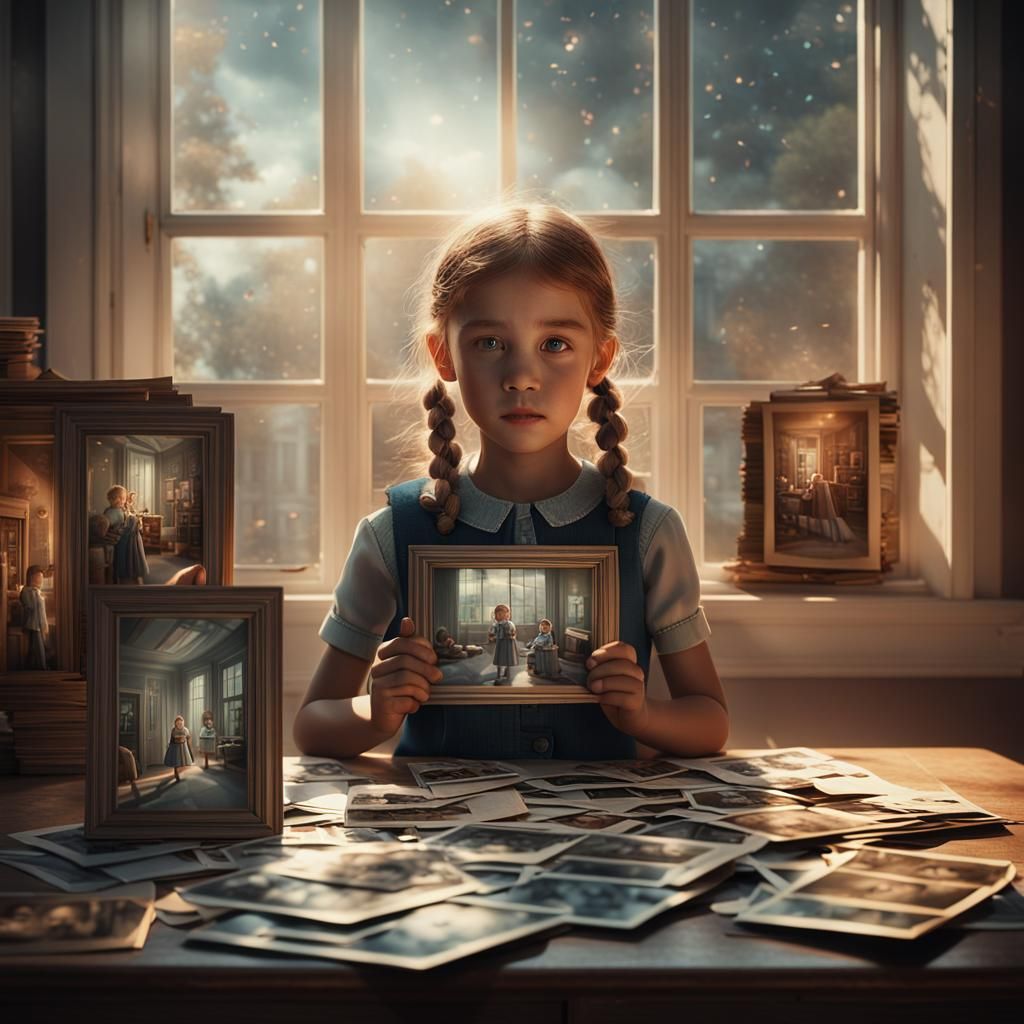 Robotic Girl Cries Holding Vintage Photos