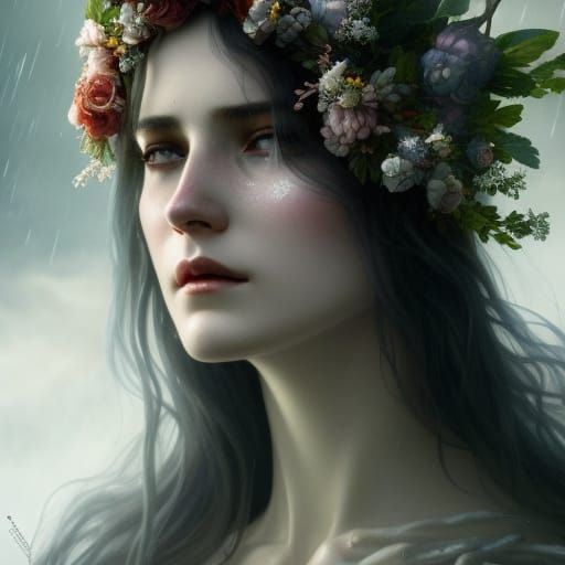 Haunting Ghost Bride in Rainy Church: Dark Fantasy Art