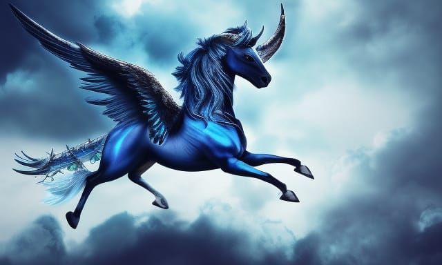 Blue Pegasus with Luminous Wings in Stormy Sky