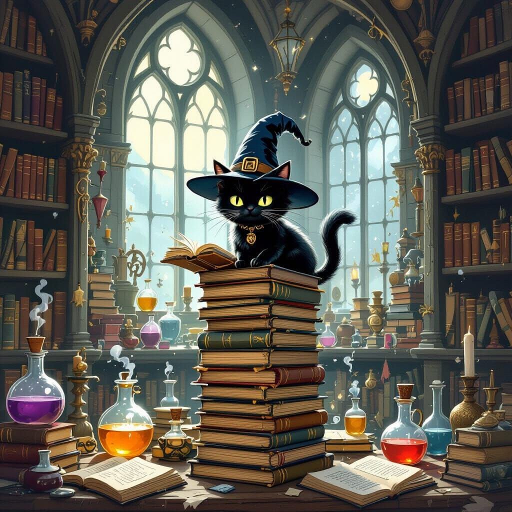 Black Cat Wizard in Gothic Library, Whimsical Art