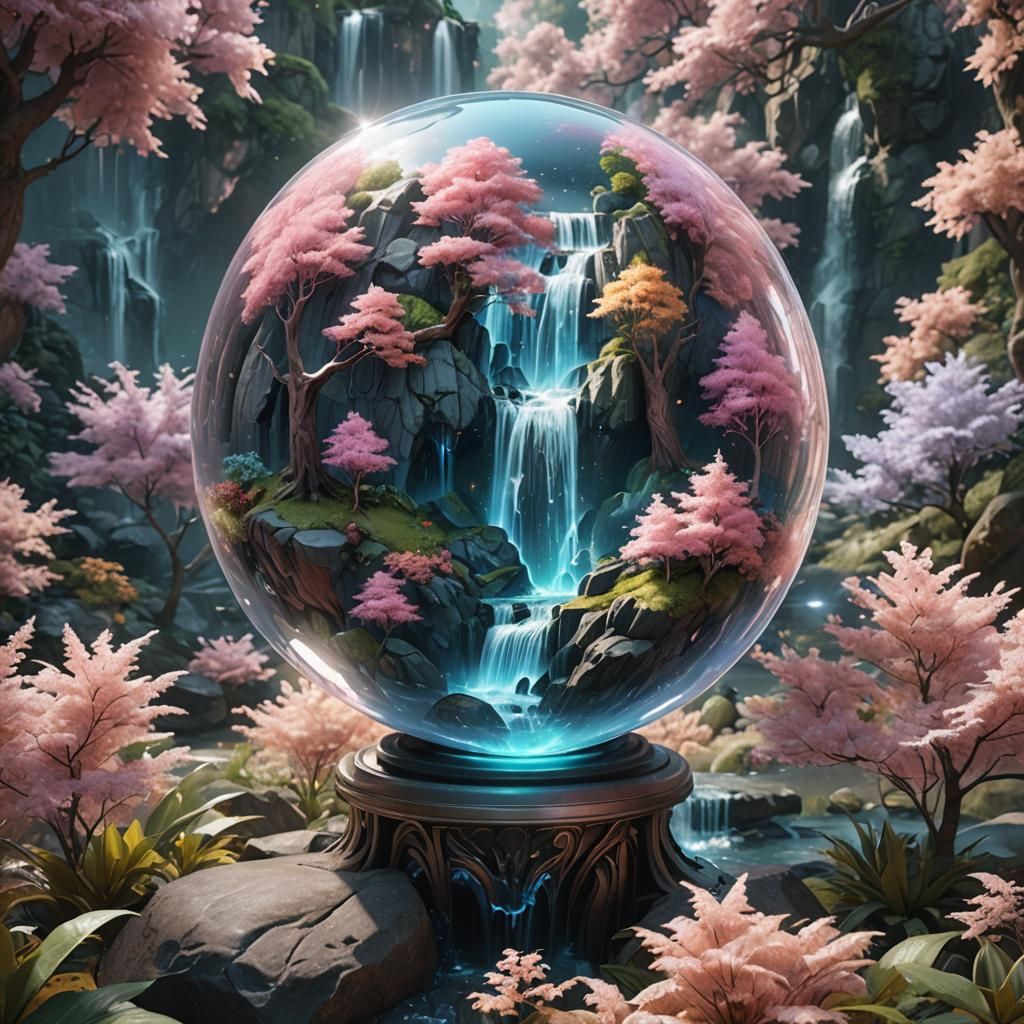 Sparkling Crystal Ball Reveals Waterfall Landscape