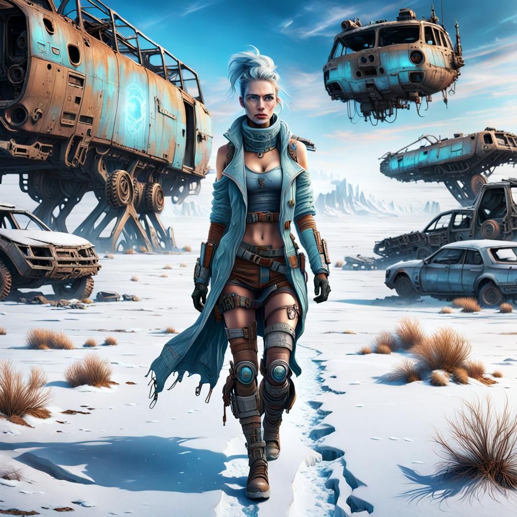 Resilient Cyberpunk Woman Navigates Frostbitten Wasteland