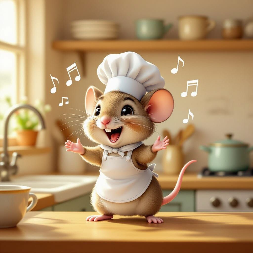 Whimsical Mouse Chef Sings on Kitchen Counter