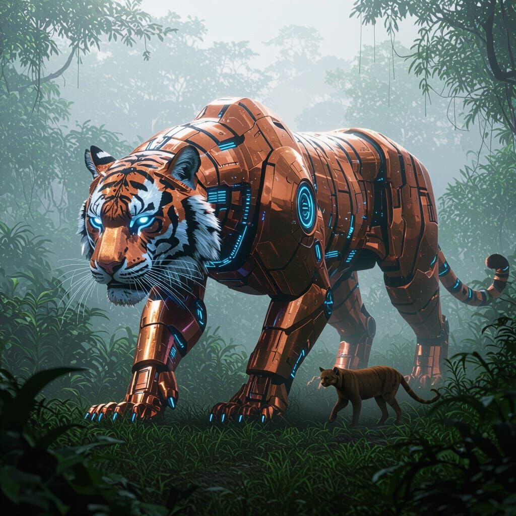 Cyberpunk Robotic Tiger Stalking Prey in Jungle