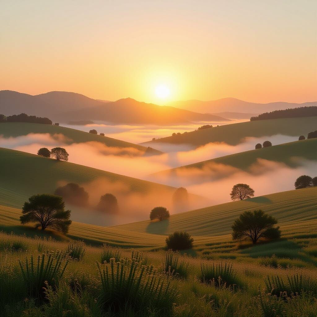 Serene Sunrise Landscape with Golden Light and Rolling Hills