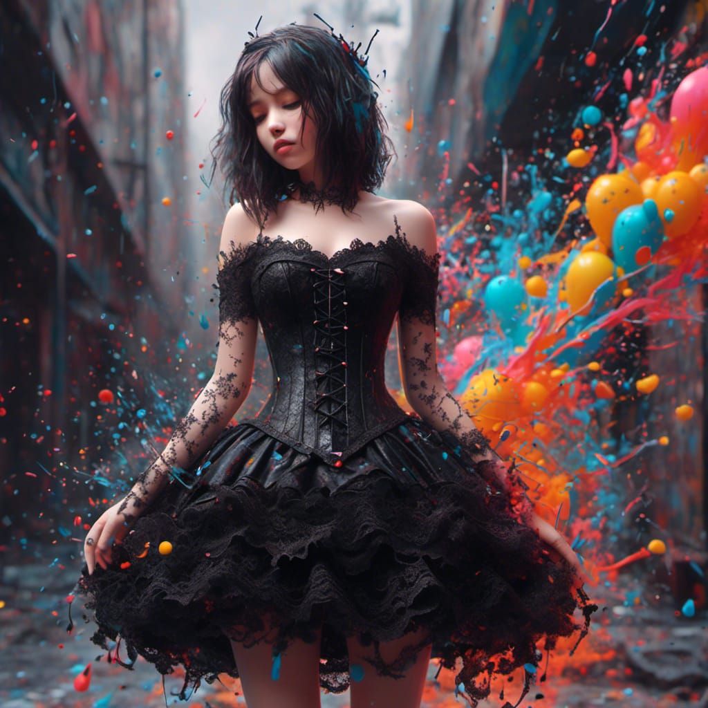 Gothic Woman in Lace Dress, Graffiti Art Style