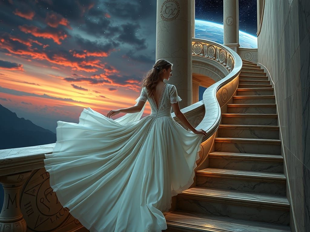 Woman Ascending Time Staircase in Baroque Style