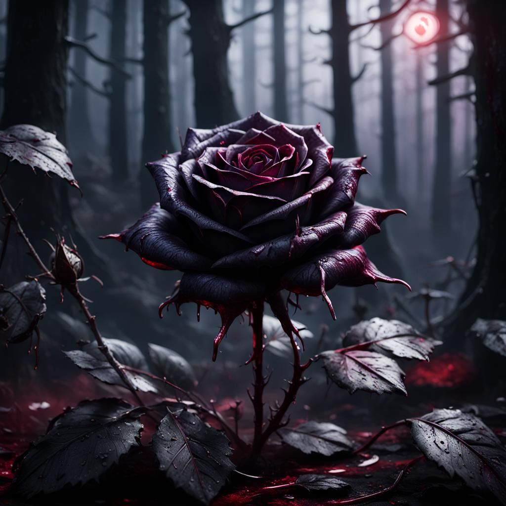 Eerie Black Rose Dripping Blood: Dark Fantasy Art