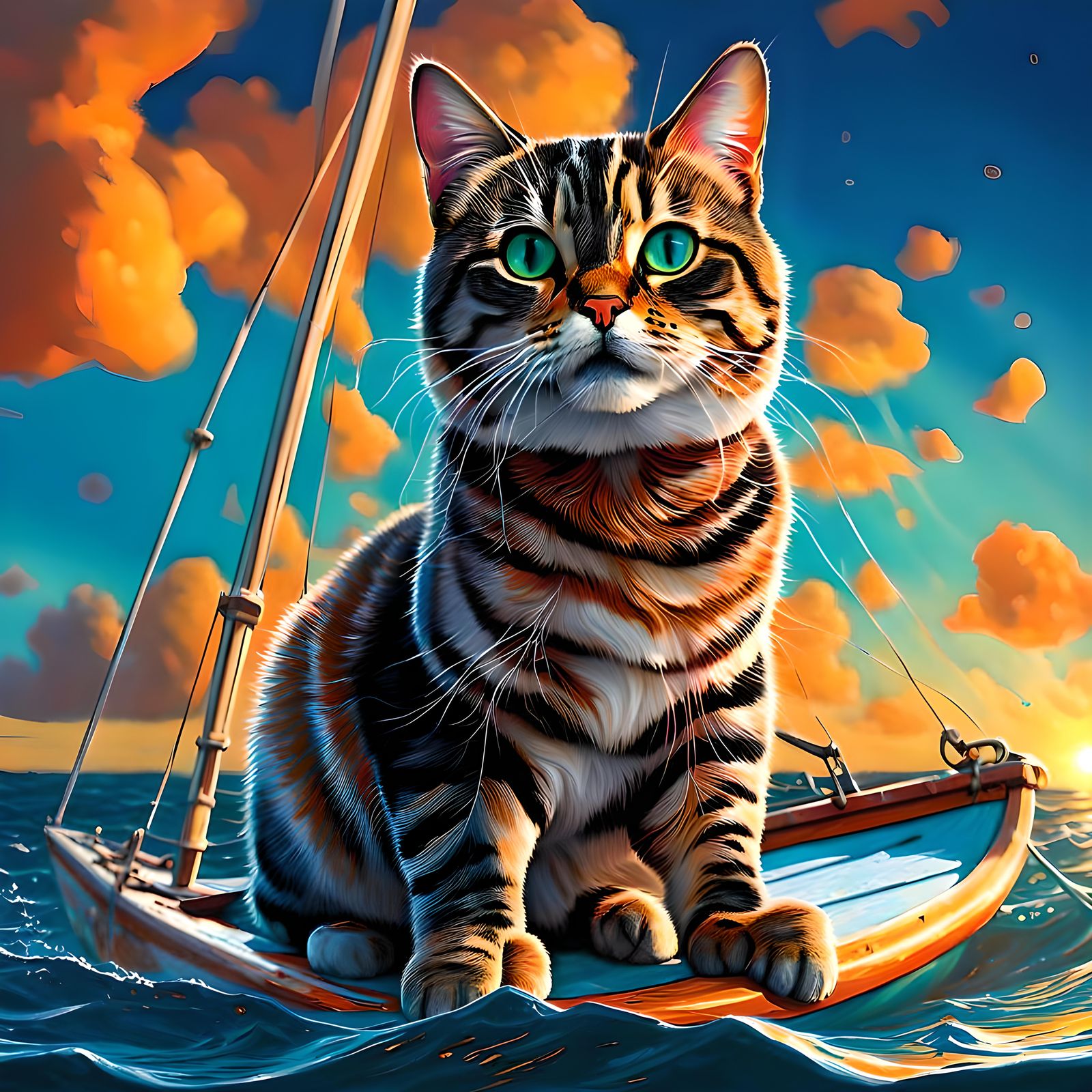 Hyperrealistic Cat-Themed Catamaran Sailboat Splash Art