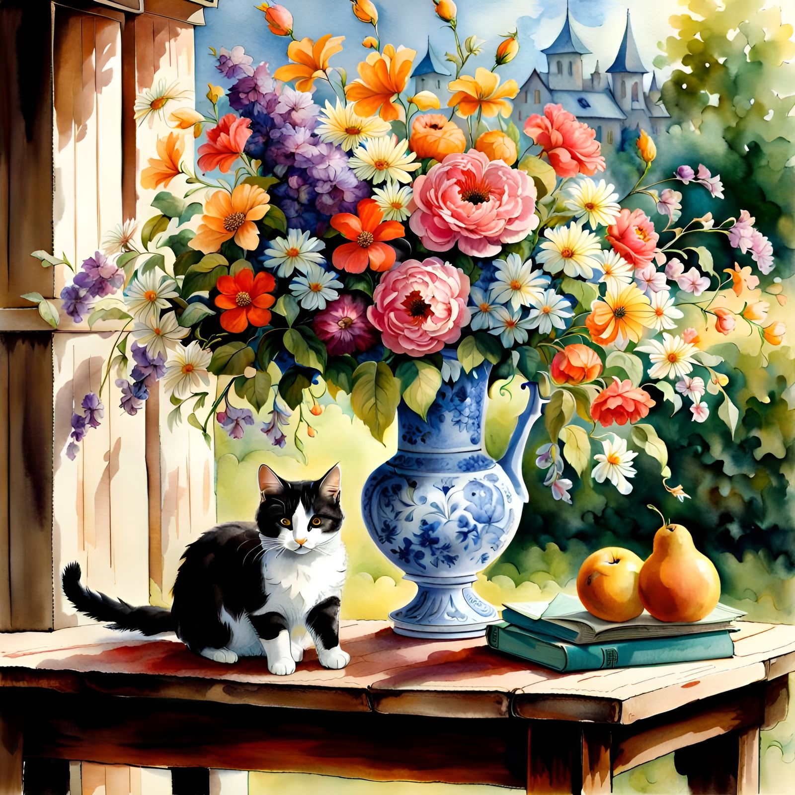 Dreamy Flower Vase Still Life in Watercolor Style