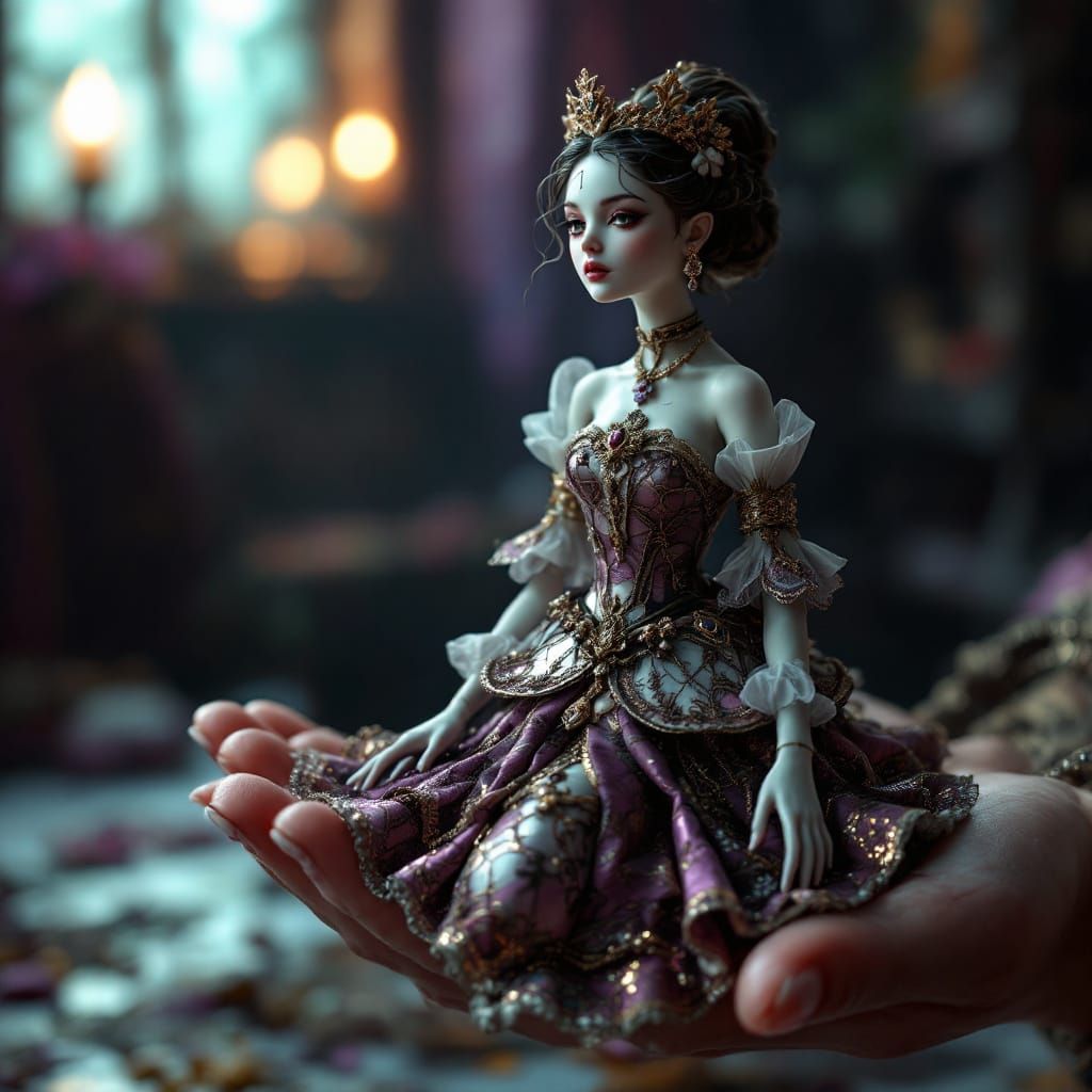 Cracked Porcelain Doll in Miniature Ornate Dress