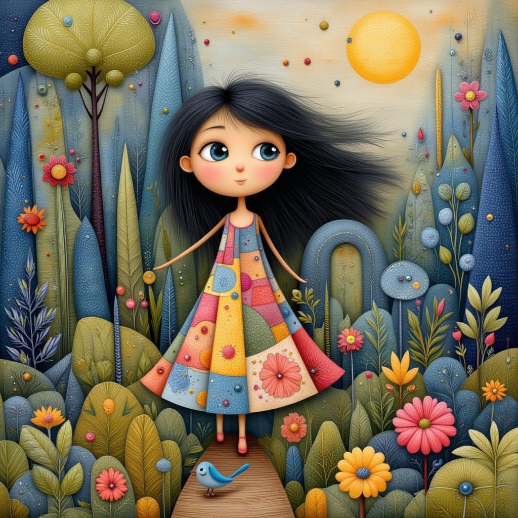 modern fairytale painted on aged paper: exaggerated whimsica...