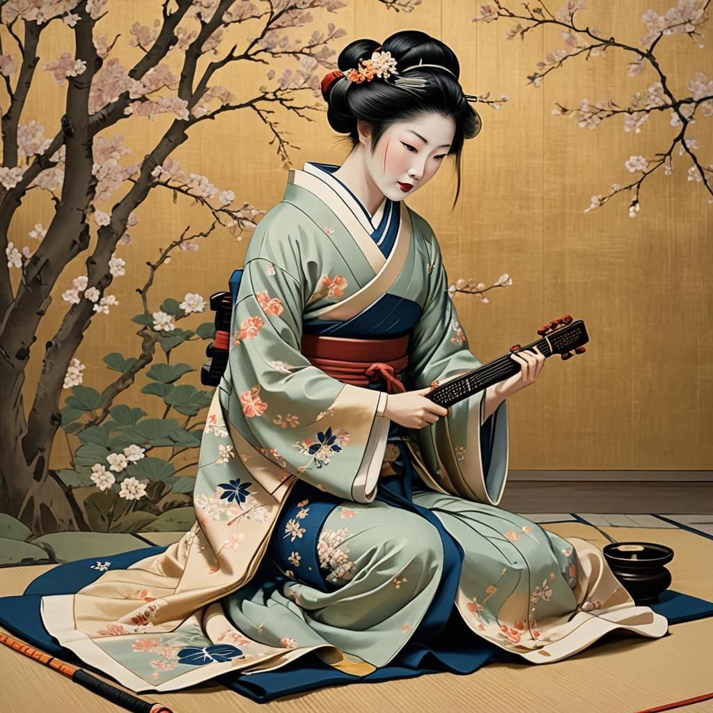 Geisha with Shamisen in Ukiyo-e Style Garden