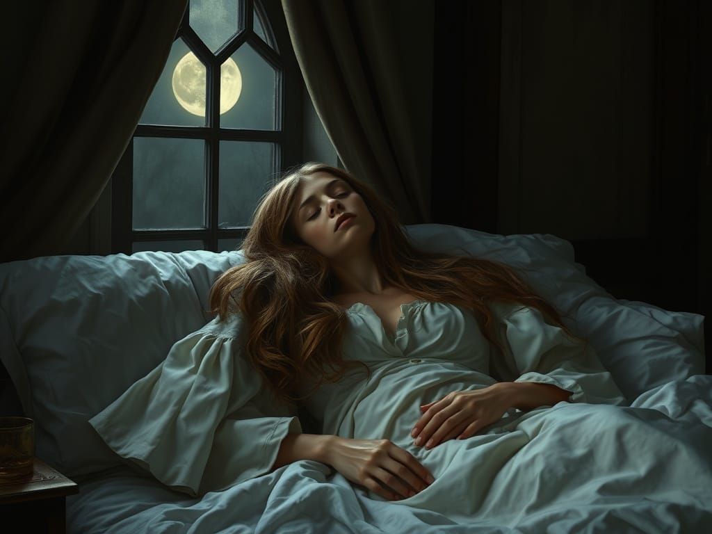 Medieval Maiden Slumbers in Moonlit Darkness