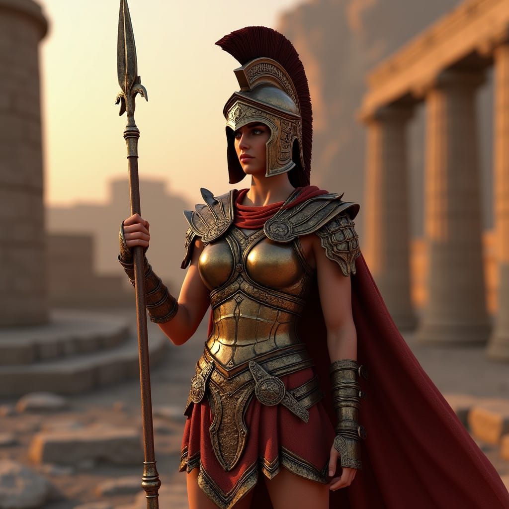 Hyperrealistic Spartan Female Warrior in Ancient Greek Ruins