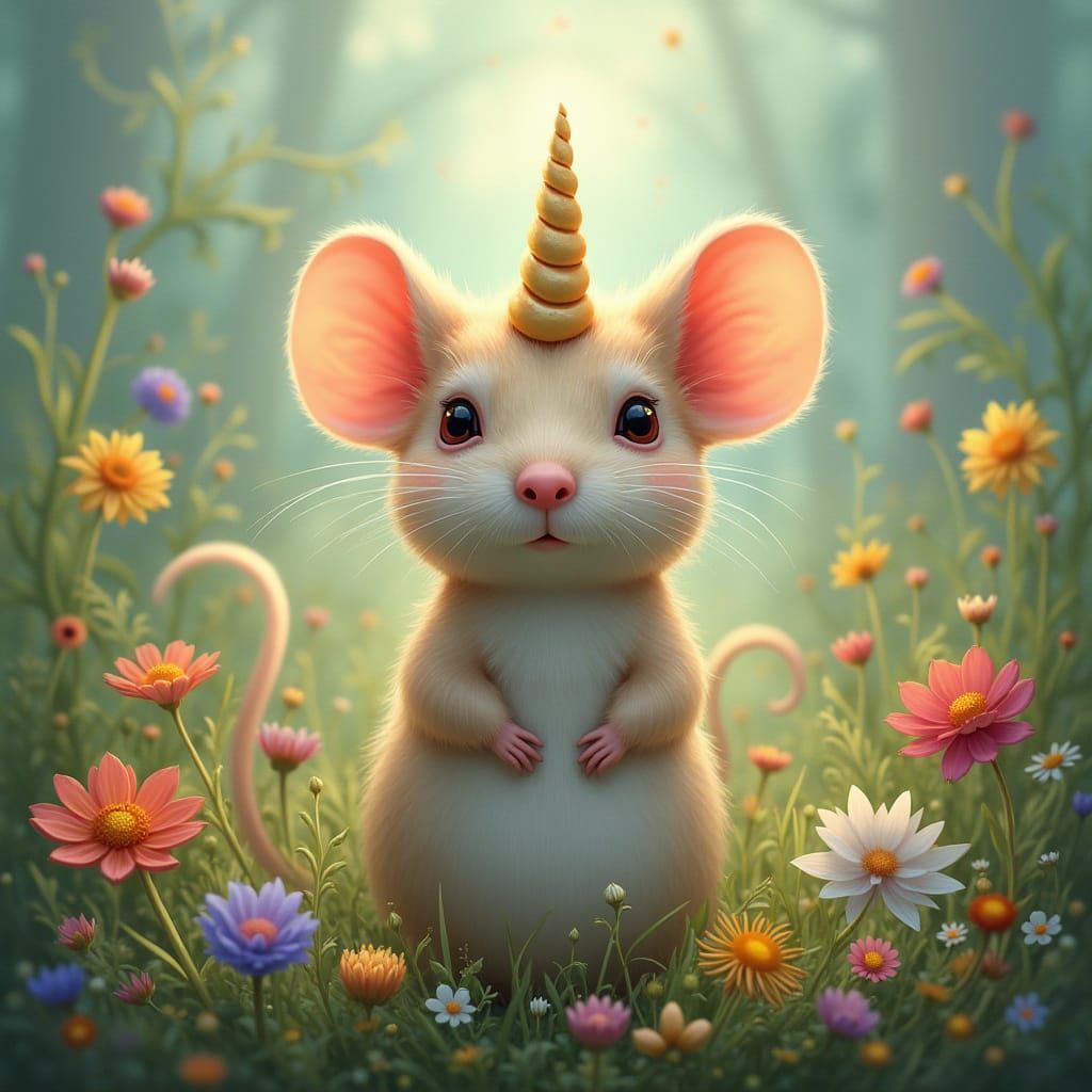Whimsical Mouse with Unicorn Horn in Vibrant Meadow